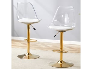 Lot de 2 tabourets de bar réglables avec dossier transparent et assise pu, pieds en métal doré, pivotant à 360°