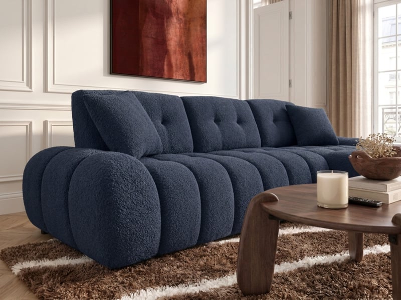  Bobochic canapé d'angle avec dossier avance recule apollon en tissu bouclette bleu  angle droit APOLLON - Conforama C