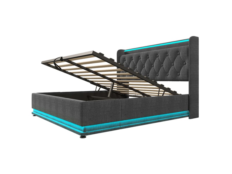 Lit coffre 160x200cm, espace de rangement, éclairage led, port de charge usb, type-c, incluant un matelas, lin, gris - Conforama D