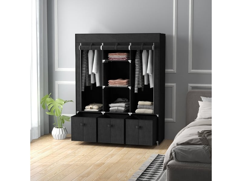 Armoire en tissu pliable avec fermeture zippée, 3 tiroirs, 2 tringles et 5 étagères pour chambre salon en acier noir - Conforama E