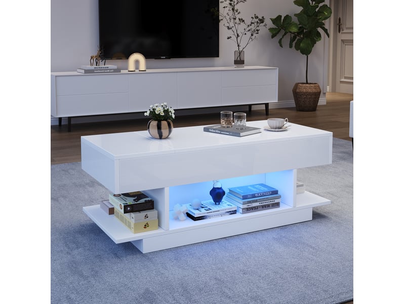  Table basse relevable 98x45x40 cm, led pilotable, rangements ouverts et fermés, panneau particules blanc  - Conforama E