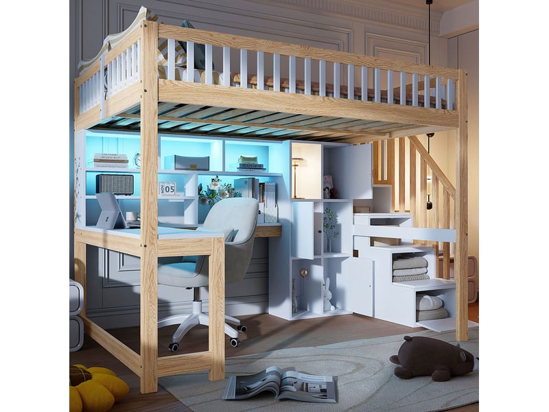  Lit mezzanine 140x200 cm avec bureau, rangements et led blanc et naturel  - Conforama B