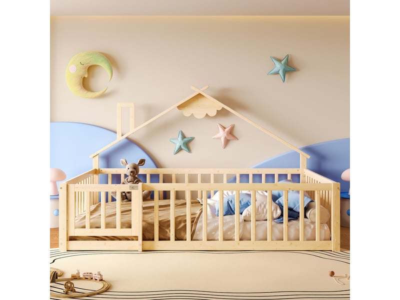  Lit enfant en bois - dimensions 140x190 cm - bois de pin naturel - design maison de rêve - garde-corps avec serrure 200x151x112cm - Conforama D
