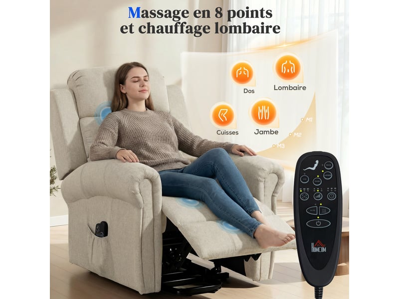  Fauteuil releveur relax électrique massant chauffant tissu beige 87x87,5x108 cm  - Conforama E