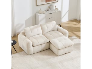 Canapé d'angle en l 2 places sans cadre, conception modulaire, base antidérapante, housse chenille beige, sans montage, 1 pouf