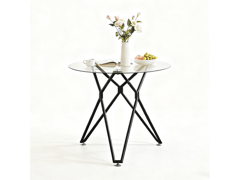 Table à manger ronde 90 cm en verre trempé noir avec pieds en métal - Conforama A