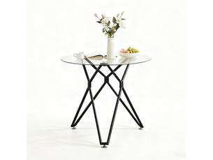 Table à manger ronde 90 cm en verre trempé noir avec pieds en métal