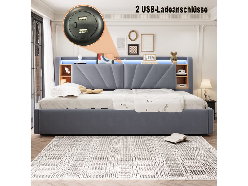  Lit coffre banquette 90x200 cm, rangement hydraulique, dossier avec niches, led et usb, velours gris foncé sans matelas  - Conforama E