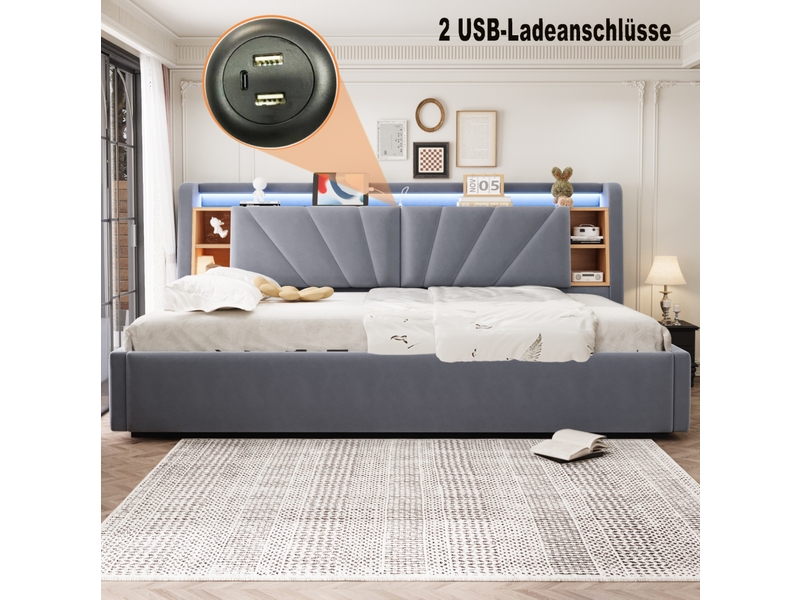  Lit coffre banquette 90x200 cm, rangement hydraulique, dossier avec niches, led et usb, velours gris foncé sans matelas  - Conforama E