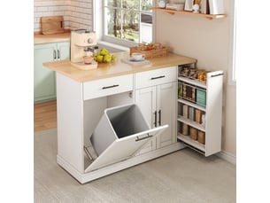 Îlot de cuisine 120x45-70x93 cm – îlot sur roulettes avec plan rabattable poubelle et épicier 4 niveaux – mdf – blanc