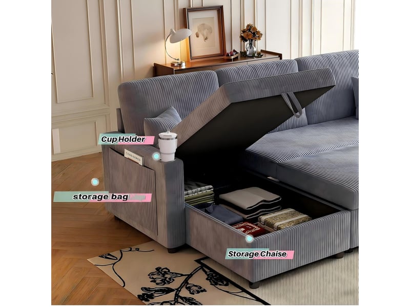  Canapé-lit d’angle,3 places avec rangement,velours côtelé,gris  - Conforama E