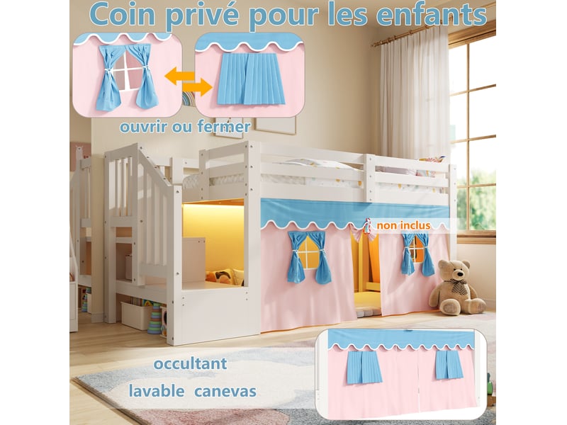  Lit mezzanine semi-haut 90x200 cm avec rangement et led, coloris blanc  - Conforama E