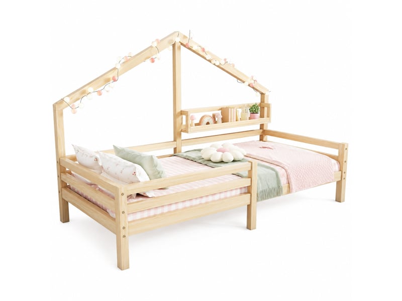  Lit cabane enfant 200×90 cm avec étagère et barrières, en pin naturel, sans matelas  - Conforama A