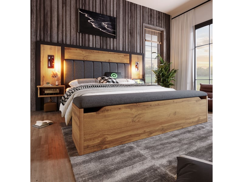  Lit rembourré 180x200 cm avec liseuses et chevets, lit double avec banc coffre, usb-c, sommier à lattes, sans matelas, métal, bois, lin, coloris chêne OPULERANE TRADING LTD - Conforama D