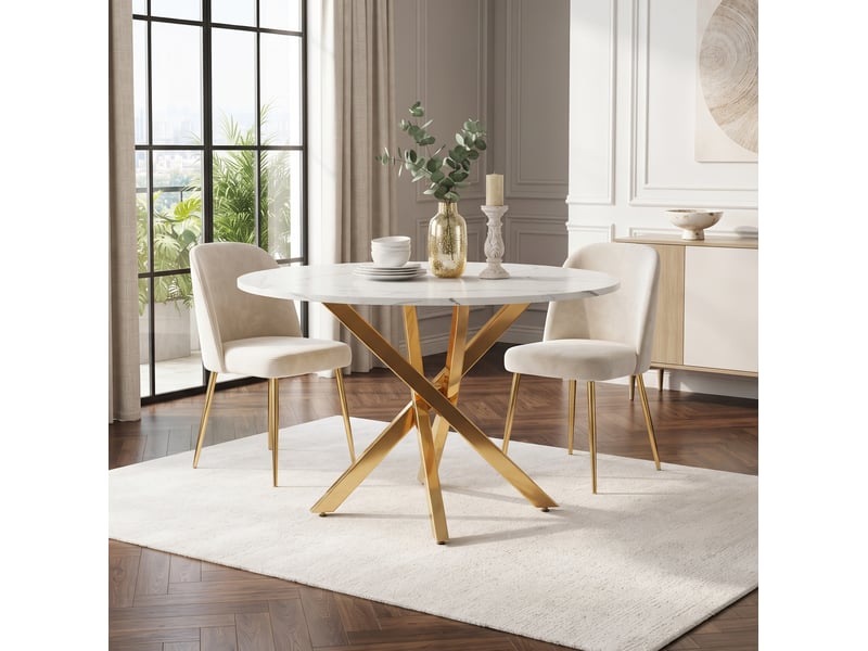  Table à manger ronde 80 x 80 x 75 cm, plateau effet marbre, blanc et doré  - Conforama B