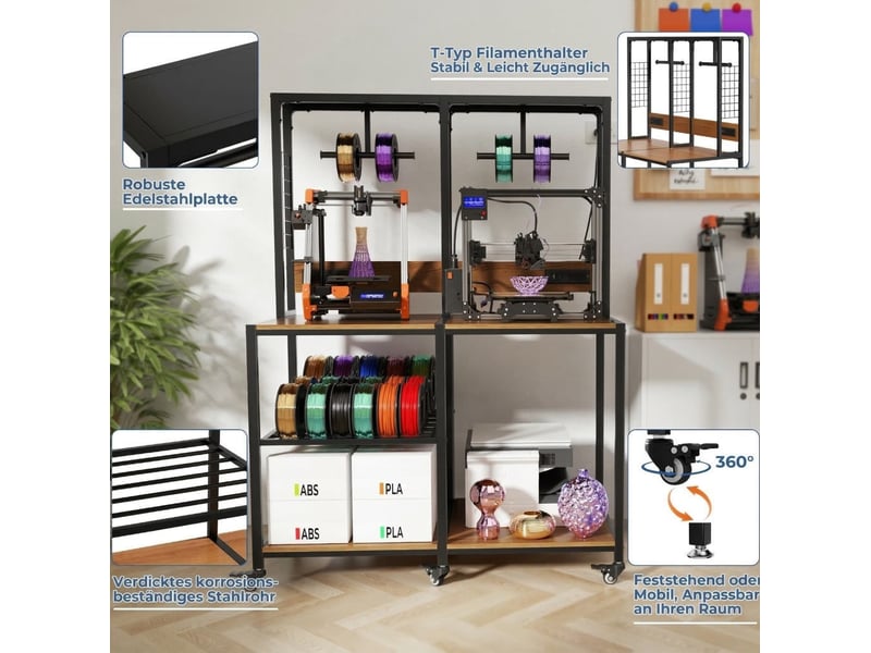  Étagère pour 2 imprimantes 3d avec supports de filament, rangements ouverts et roulettes freinées en métal noir  - Conforama D