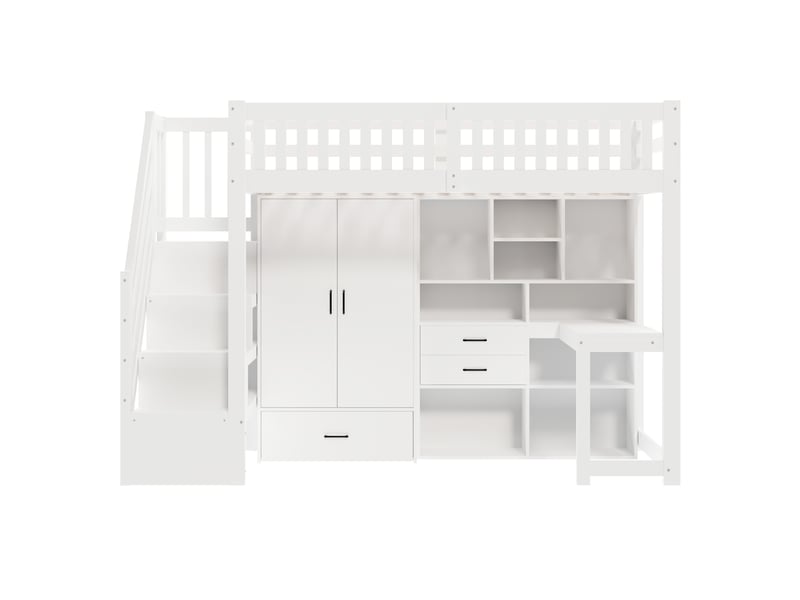  Lit mezzanine blanc 90x200 cm, bureau, armoire, tiroirs et escalier-rangement  - Conforama A