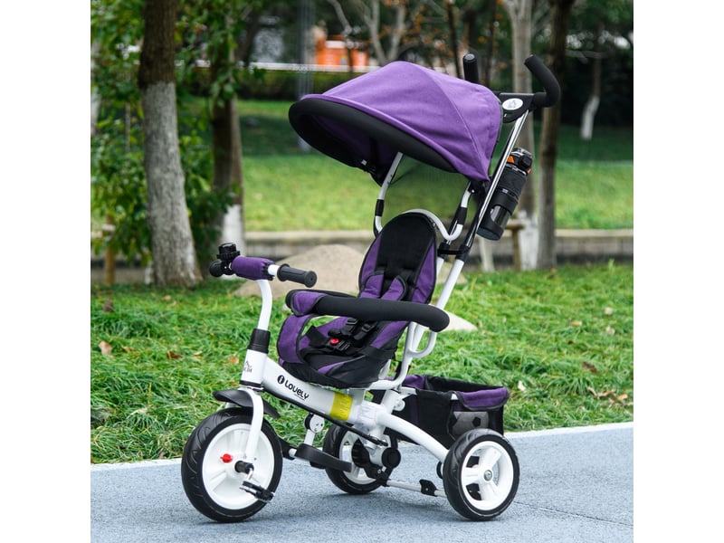 Tricycle évolutif pour enfants de plus de 12 mois avec capote pliable, poignée télescopique et ceinture de sécurité, violet - Conforama B