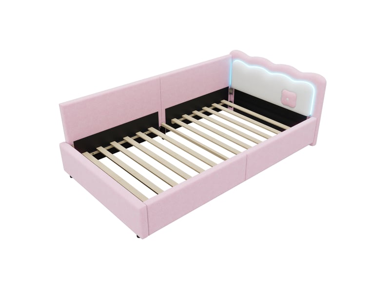  Lit banquette enfant 90x200 cm en velours rose avec led réglable et sommier à lattes  - Conforama E