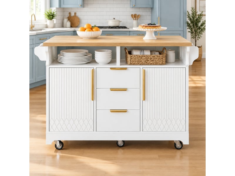  Desserte de cuisine avec 3 tiroirs, étagères réglables, plateaux rabattables et roulettes, en mdf, 120×40×95 cm, blanc  - Conforama C