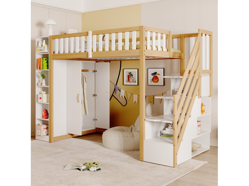  Lit mezzanine 90 x 200 cm avec rangements, armoire et échelle, blanc et bois naturel  - Conforama B