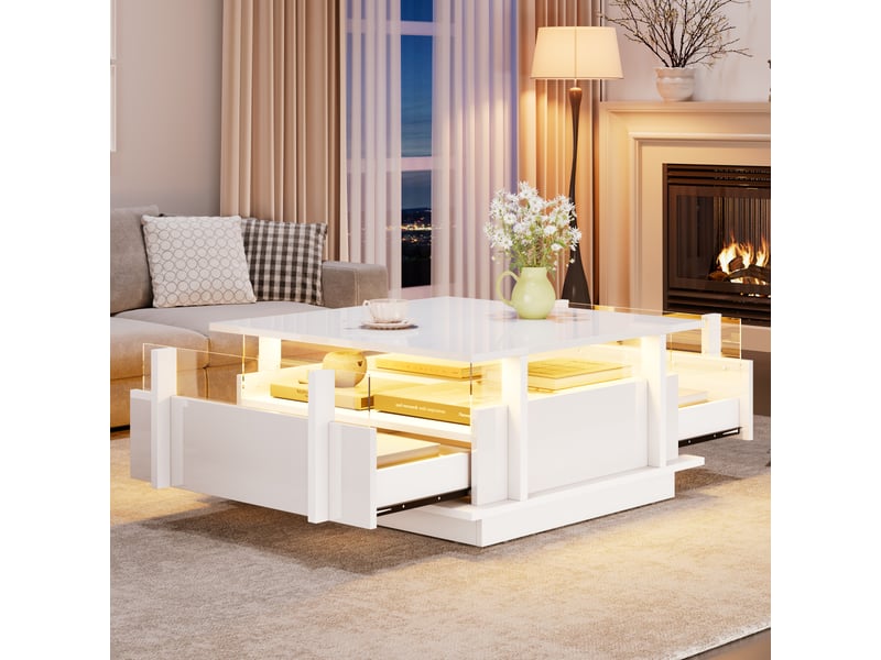  Table basse carrée 70x70 avec 2 tiroirs de rangement - éclairage led intégré et rebords en acrylique  - Conforama B