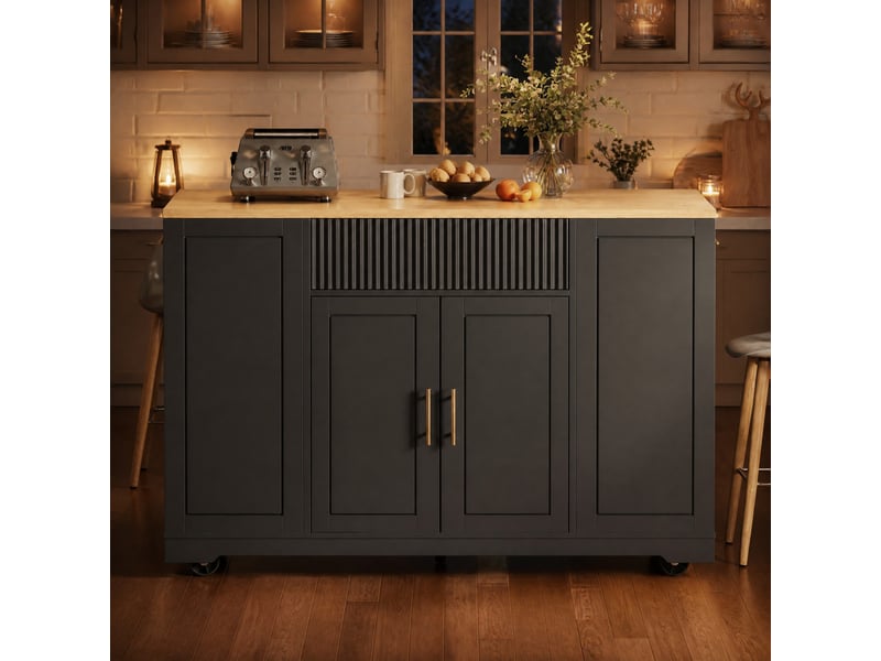  Îlot de cuisine sur roulettes 120x50x92 cm, 2 portes et 3 tiroirs, noir  - Conforama D