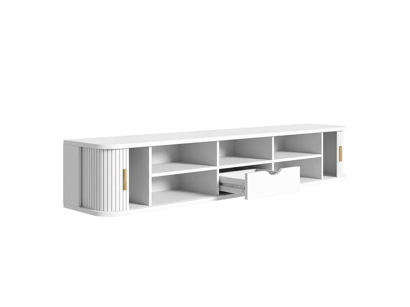  Meuble tv mural 175x30x30 cm avec led réglable par application, mdf blanc  - Conforama D