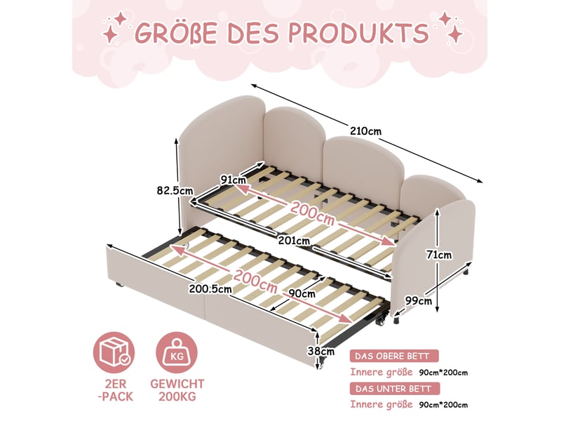  Lit simple enfant 90x200 cm – rose – lit gigogne en tissu velours avec couchage d'appoint, sans matelas  - Conforama C