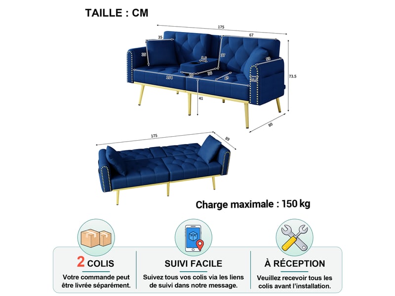  Canapé convertible 2-3 places avec dossier réglable, porte-gobelet et coussins en velours bleu  - Conforama D