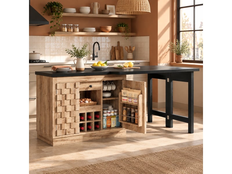 Desserte de cuisine pivotante, 2 portes, tiroir et casier à vin amovible, mdf, bois, 120–197 × 40 × 74,2 cm - Conforama B