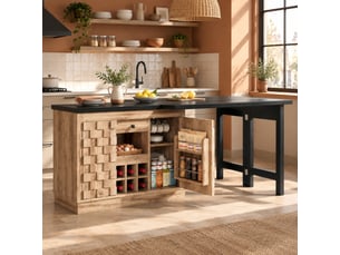 Desserte de cuisine pivotante, 2 portes, tiroir et casier à vin amovible, mdf, bois, 120–197 × 40 × 74,2 cm