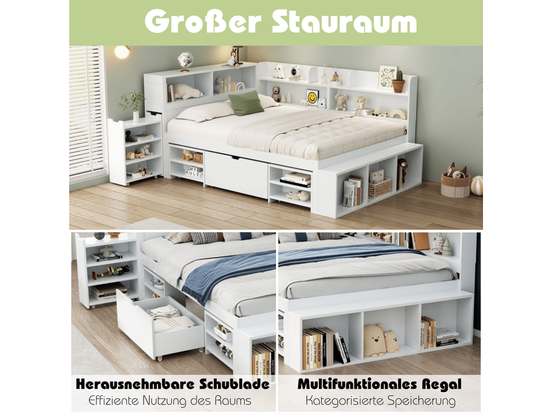  Lit avec tiroirs 140 x 190 cm lit rangement grand rangement tiroirs intégrés étagères intégrées lit enfant multifonctionnel blanc  - Conforama E