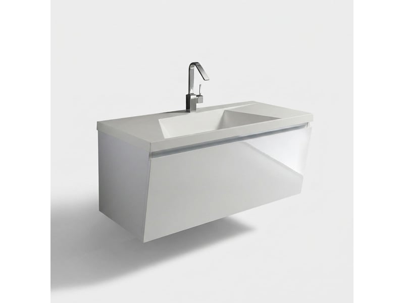  Meuble de salle de bain suspendu avec lavabo en marbre minéral, meuble bas suspendu 1 porte  - Conforama A