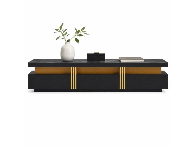 Meuble tv avec 3 tiroirs et passe-câbles, finition effet marbre noir, panneaux de particules, 200 × 40 × 42 cm - Conforama A