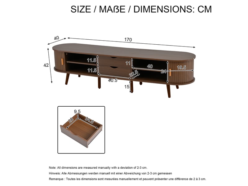  Meuble tv salon 170x40x42 cm en mdf avec portes coulissantes, 2 tiroirs, rangement réglable et design arrondi moderne - noyer  - Conforama E