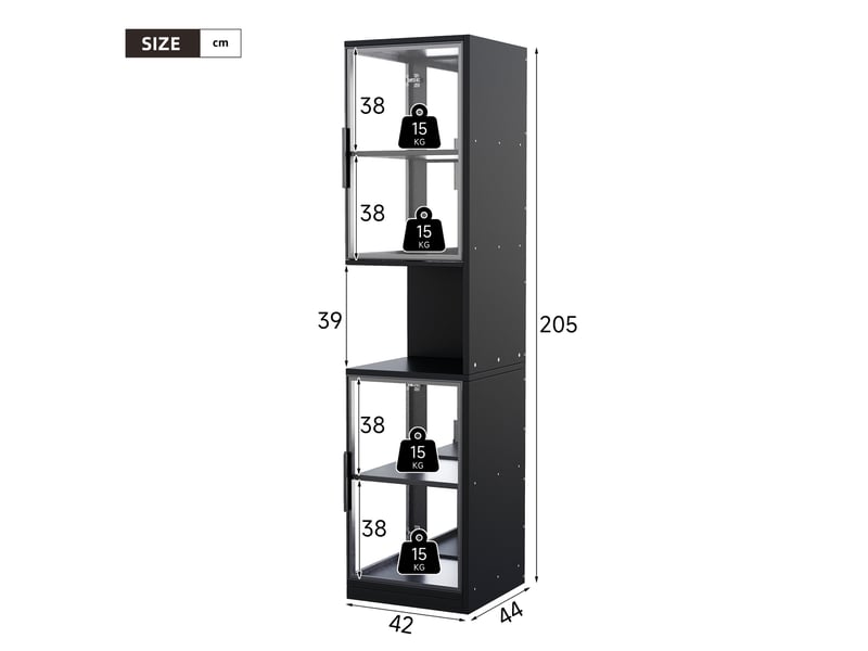  Vitrine noire avec éclairage led, meuble vitrine en verre 205 cm, portes doubles, fond miroir, étagère ouverte, pour salon  - Conforama C