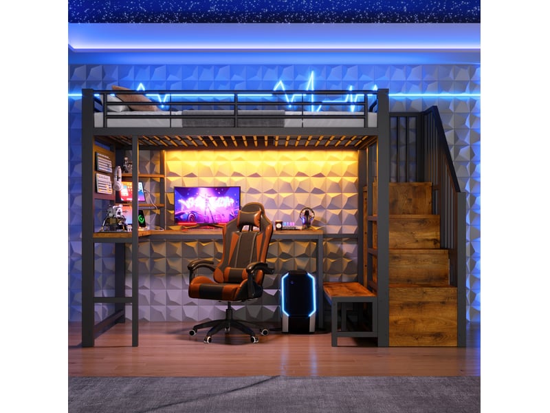  Lit mezzanine 90 x 200 cm avec bureau, rangements, led, usb et usb-c, noir  - Conforama E