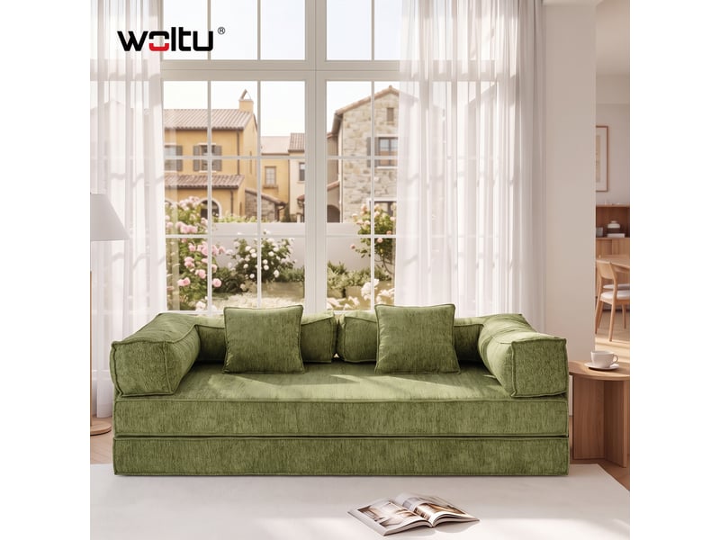 Canapé-lit convertible 3 places,sofa de sol modulaire,coussins amovibles, 207x106x68cm,vert olive - Conforama B