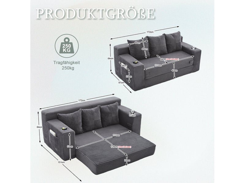  Canapé modulable 3 places modenvie gris en velours côtelé avec porte-gobelets et poches latérales  - Conforama C