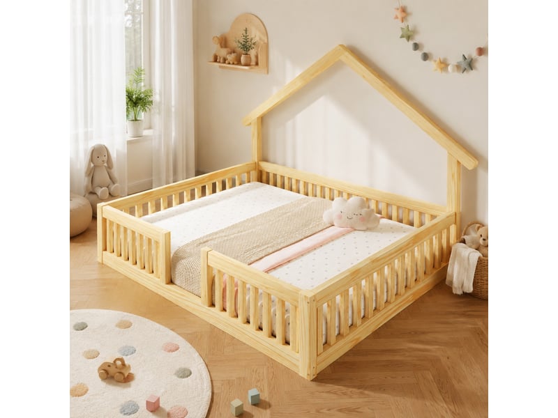  Lit enfant 140 × 200 cm 1 place avec barrières de sécurité et guirlande led, sans matelas, en bois, naturel  - Conforama B