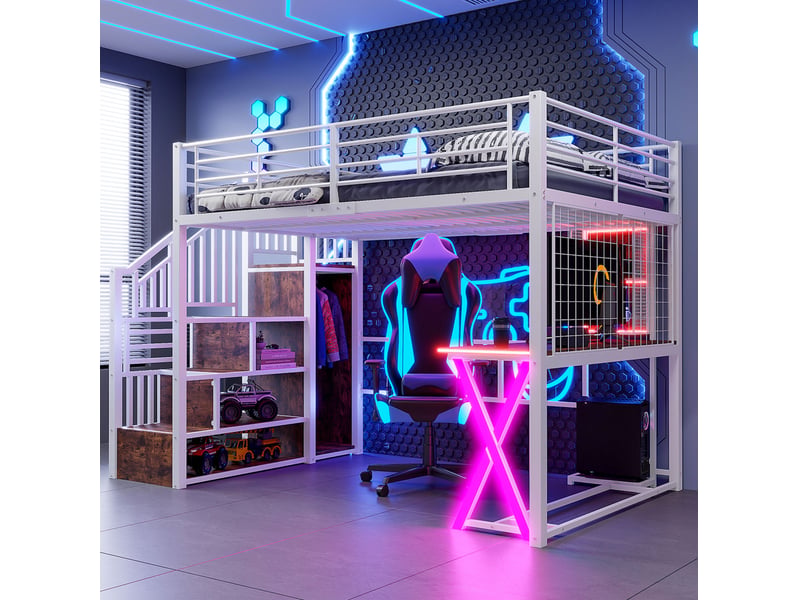  Lit mezzanine 140x200 cm avec bureau, armoire, rangements et led blanc  - Conforama D