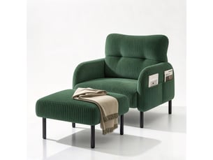 Fauteuil individuel en tissu velours côtelé avec repose-pieds, accoudoirs munis de poches latérales, structure métallique stable