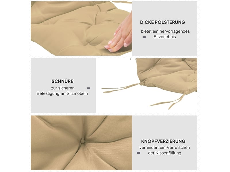 Lot de 2 coussins de chaise 98 x 50 x 8 cm – kaki – liens d'attache, assise moelleuse intérieur extérieur - Conforama D