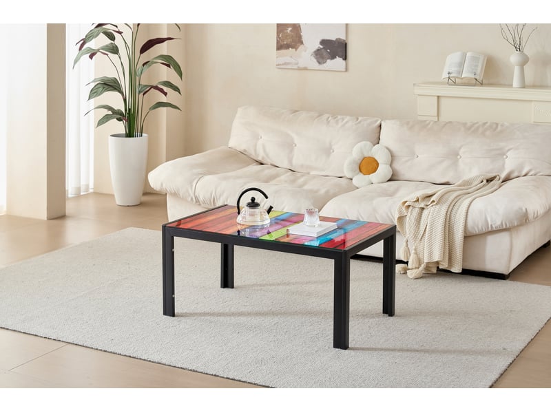  Table basse en verre trempé multicolore 100 x 60 cm, pieds en métal noir, format 45 cm pour le salon  - Conforama E