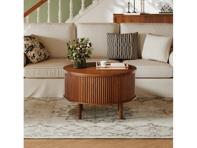  Table basse ronde 80x80x50 cm à plateaux rabattables avec rangement en panneau de particules marron  - Conforama B