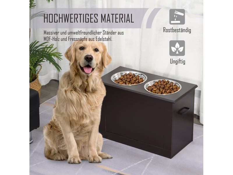  Station repas animaux 60x30x41 cm – marron – 2 bols en acier inoxydable, rangement dissimulé pratique  - Conforama E