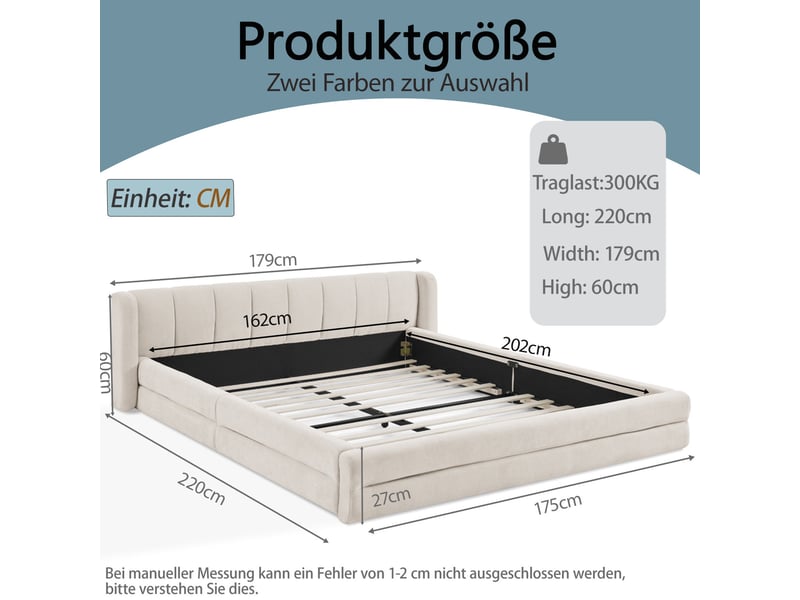  Lit double 160x200, cadre renforcé, tête de lit ergonomique capitonnée, mousse et tissu chenille, beige, sans matelas  - Conforama C