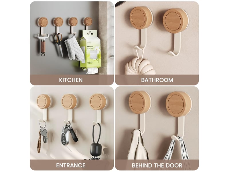  Crochet ventouse salle de bain - 4 crochets adhésifs muraux en bois, réutilisables, sans percer pour cuisine et de (blanc  - Conforama C