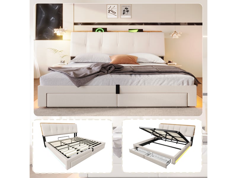  Lit coffre 180x200 cm, lit double, rangement hydraulique, led, lin beige, usb et usb-c  - Conforama C